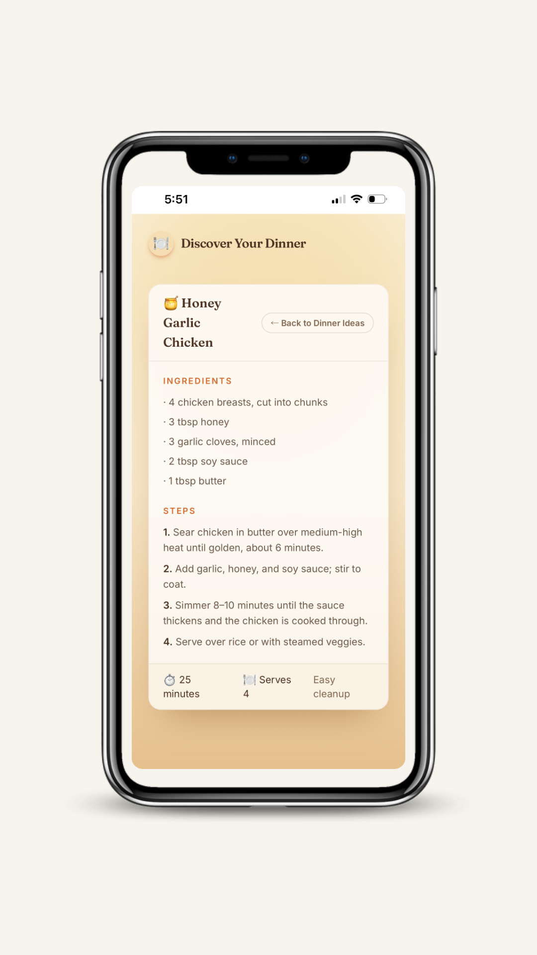 Discover Your Dinner recipe detail screen showing ingredients and steps for Honey Garlic Chicken