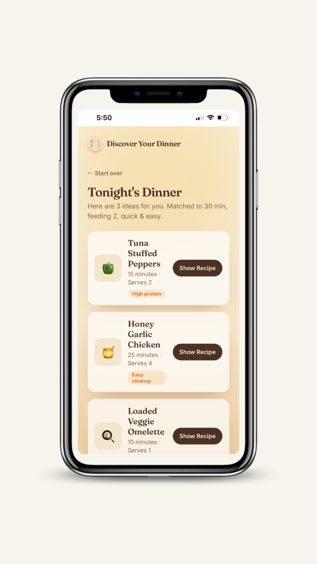 Discover Your Dinner results screen showing three matched dinner ideas