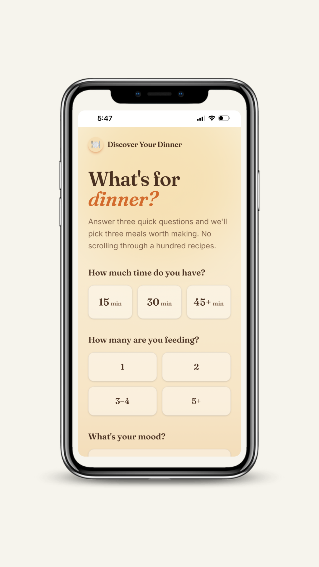 Discover Your Dinner quiz screen asking how much time you have and how many people you are feeding